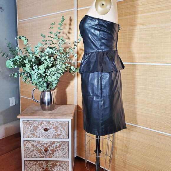 Vintage 80s Berman's Genuine Leather size S / size 2-4 Strapless Peplum Dress - Picture 4 of 13